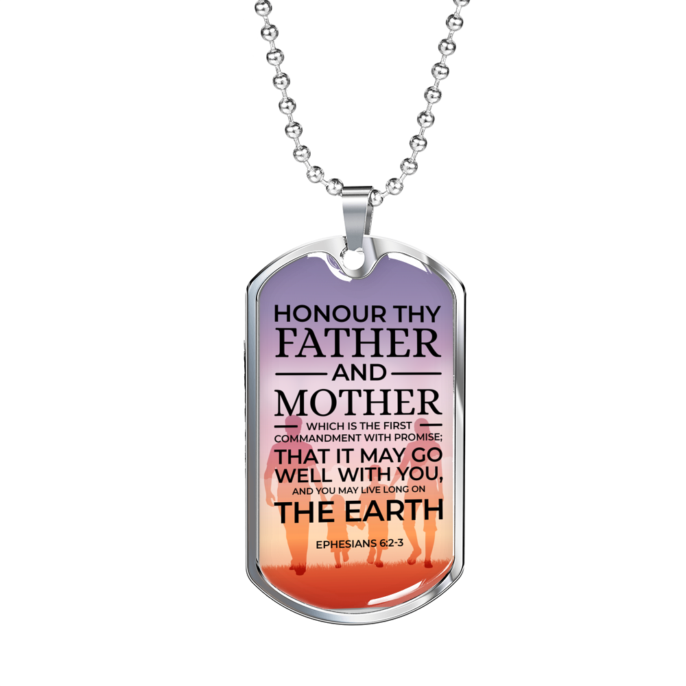 Honor Your Parents Ephesians Necklace Stainless Steel or 18k Gold Dog Tag 24" Chain-Express Your Love Gifts