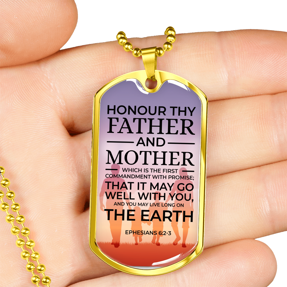 Honor Your Parents Ephesians Necklace Stainless Steel or 18k Gold Dog Tag 24" Chain-Express Your Love Gifts