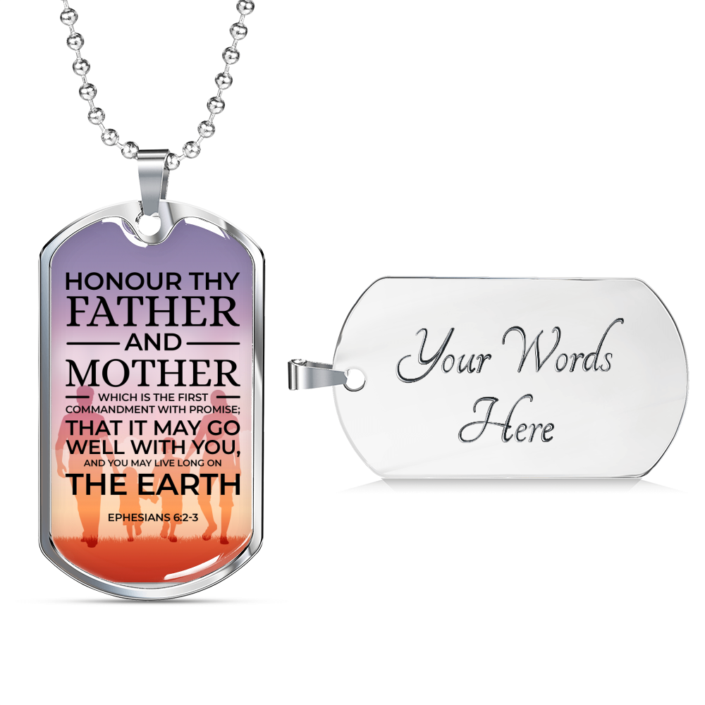 Honor Your Parents Ephesians Necklace Stainless Steel or 18k Gold Dog Tag 24" Chain-Express Your Love Gifts
