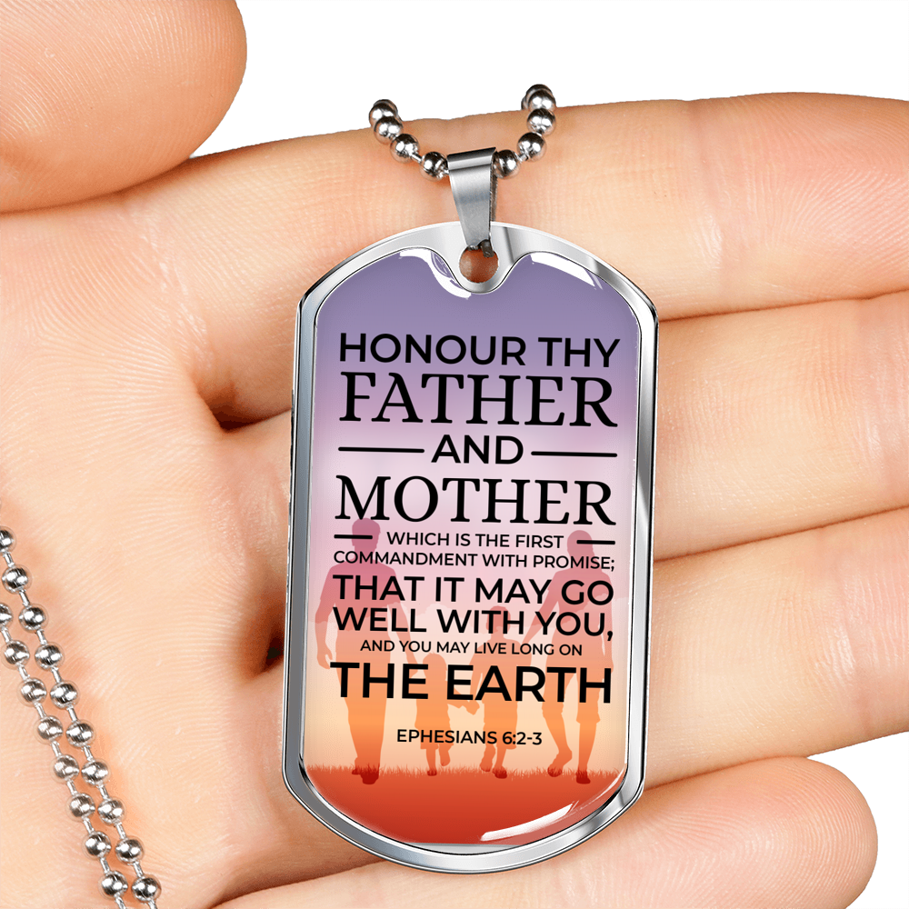 Honor Your Parents Ephesians Necklace Stainless Steel or 18k Gold Dog Tag 24" Chain-Express Your Love Gifts