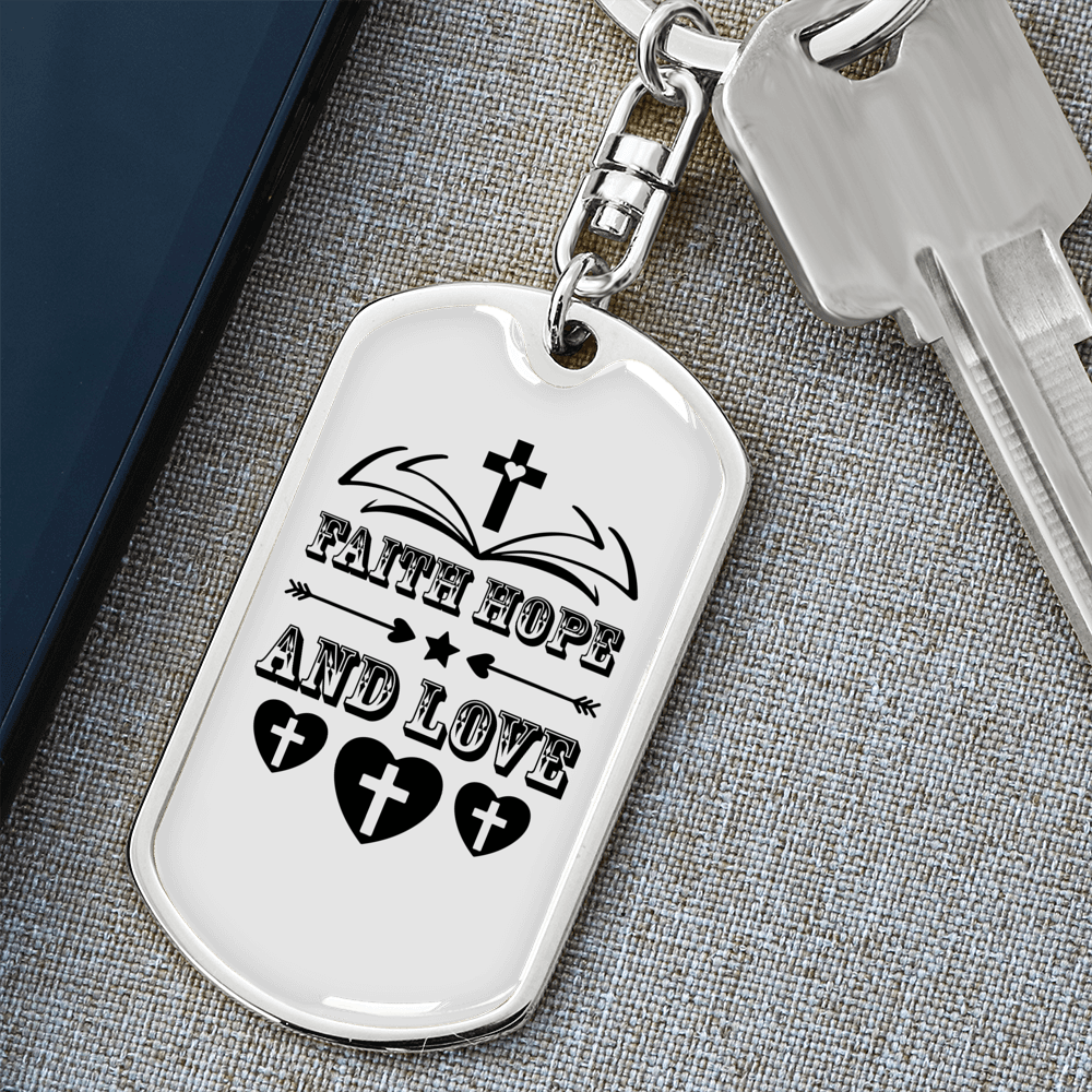 Hope Love Faith Christian Keychain Stainless Steel or 18k Gold Dog Tag Keyring-Express Your Love Gifts