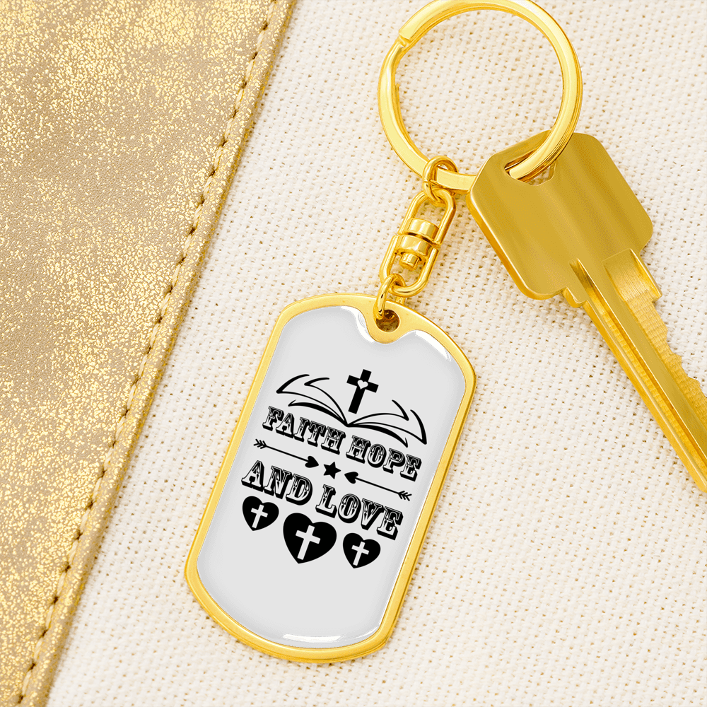 Hope Love Faith Christian Keychain Stainless Steel or 18k Gold Dog Tag Keyring-Express Your Love Gifts