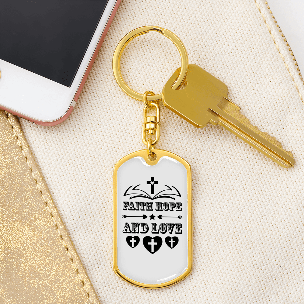 Hope Love Faith Christian Keychain Stainless Steel or 18k Gold Dog Tag Keyring-Express Your Love Gifts