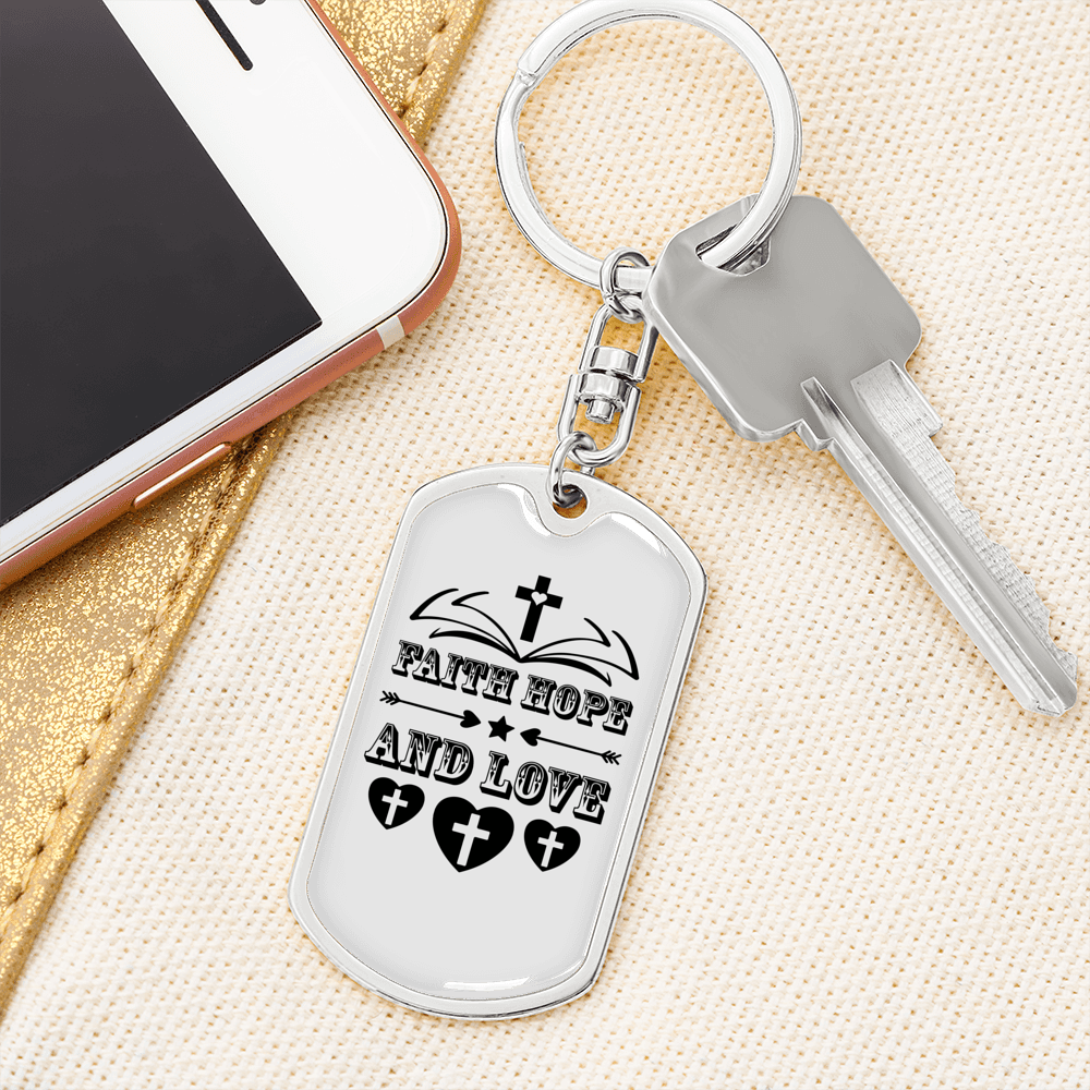 Hope Love Faith Christian Keychain Stainless Steel or 18k Gold Dog Tag Keyring-Express Your Love Gifts