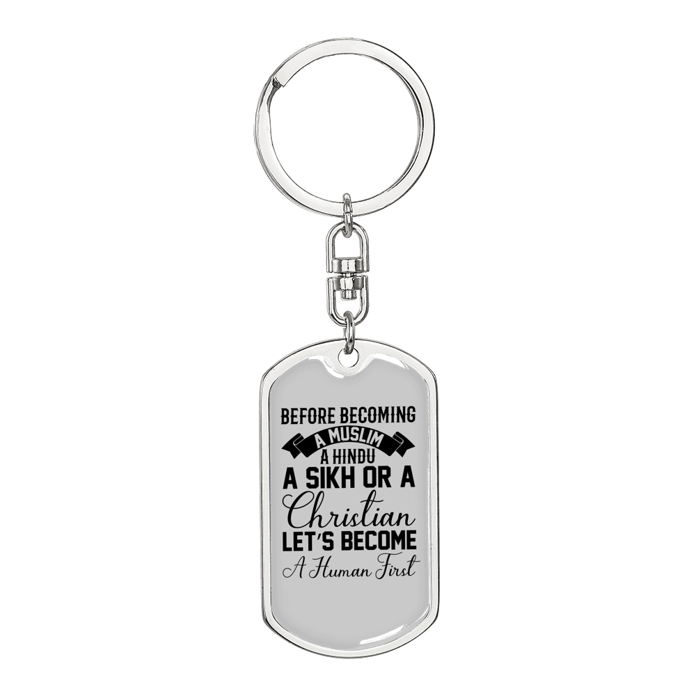 Human First Christian Keychain Stainless Steel or 18k Gold Dog Tag Keyring-Express Your Love Gifts