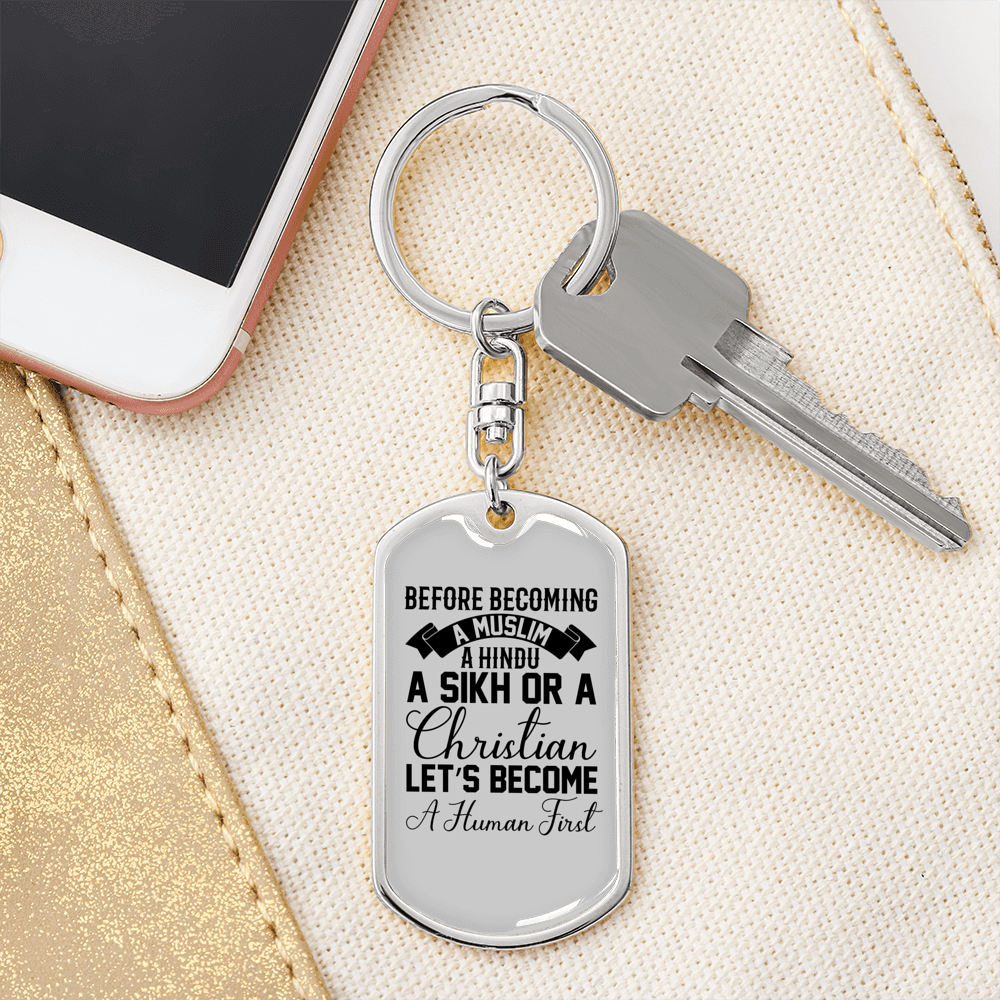 Human First Christian Keychain Stainless Steel or 18k Gold Dog Tag Keyring-Express Your Love Gifts