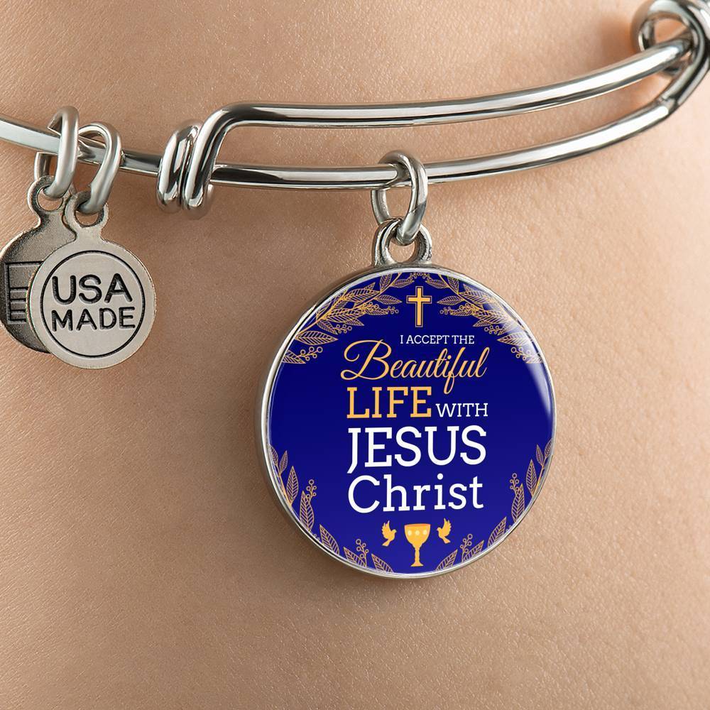 I Accept Life With Jesus Christ Stainless Steel or 18k Gold Bangle Bracelet - Express Your Love Gifts