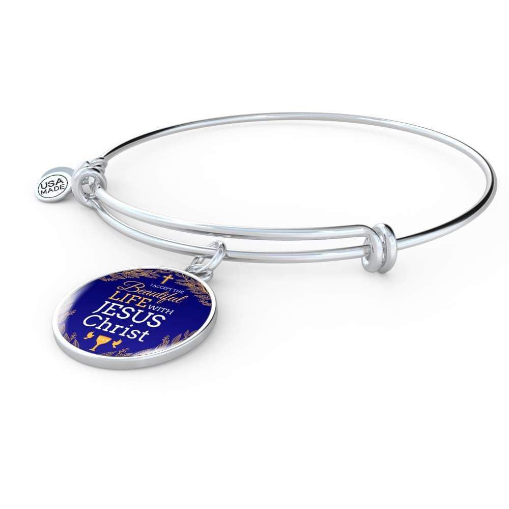 I Accept Life With Jesus Christ Stainless Steel or 18k Gold Bangle Bracelet - Express Your Love Gifts