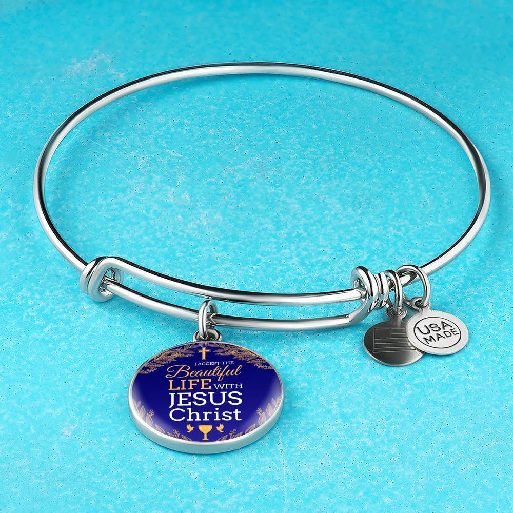 I Accept Life With Jesus Christ Stainless Steel or 18k Gold Bangle Bracelet - Express Your Love Gifts
