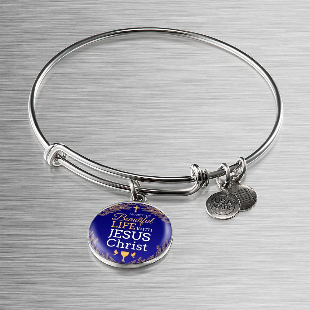 I Accept Life With Jesus Christ Stainless Steel or 18k Gold Bangle Bracelet - Express Your Love Gifts