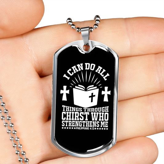 I Can Do All Philippians 4:13 Necklace Stainless Steel or 18k Gold Dog Tag 24"-Express Your Love Gifts