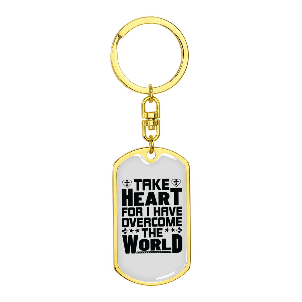 I Have Overcome The World Christian Stainless Steel or 18k Gold Premium Swivel Dog Tag Keychain