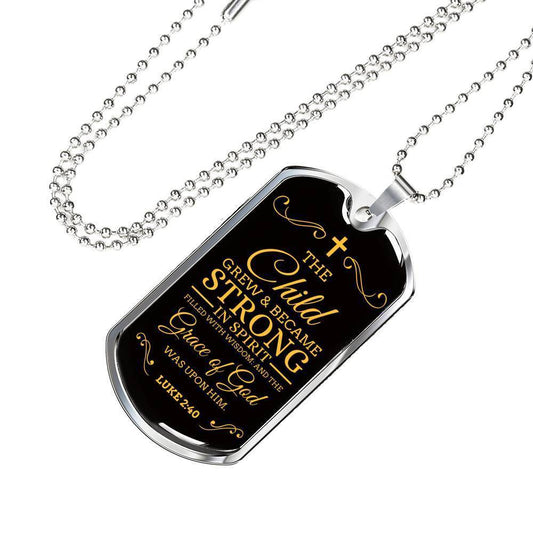 I'm Strong Because Of God's Grace Bible Verse Gift Necklace Stainless Steel or 18k Gold Dog Tag w 24" Chain