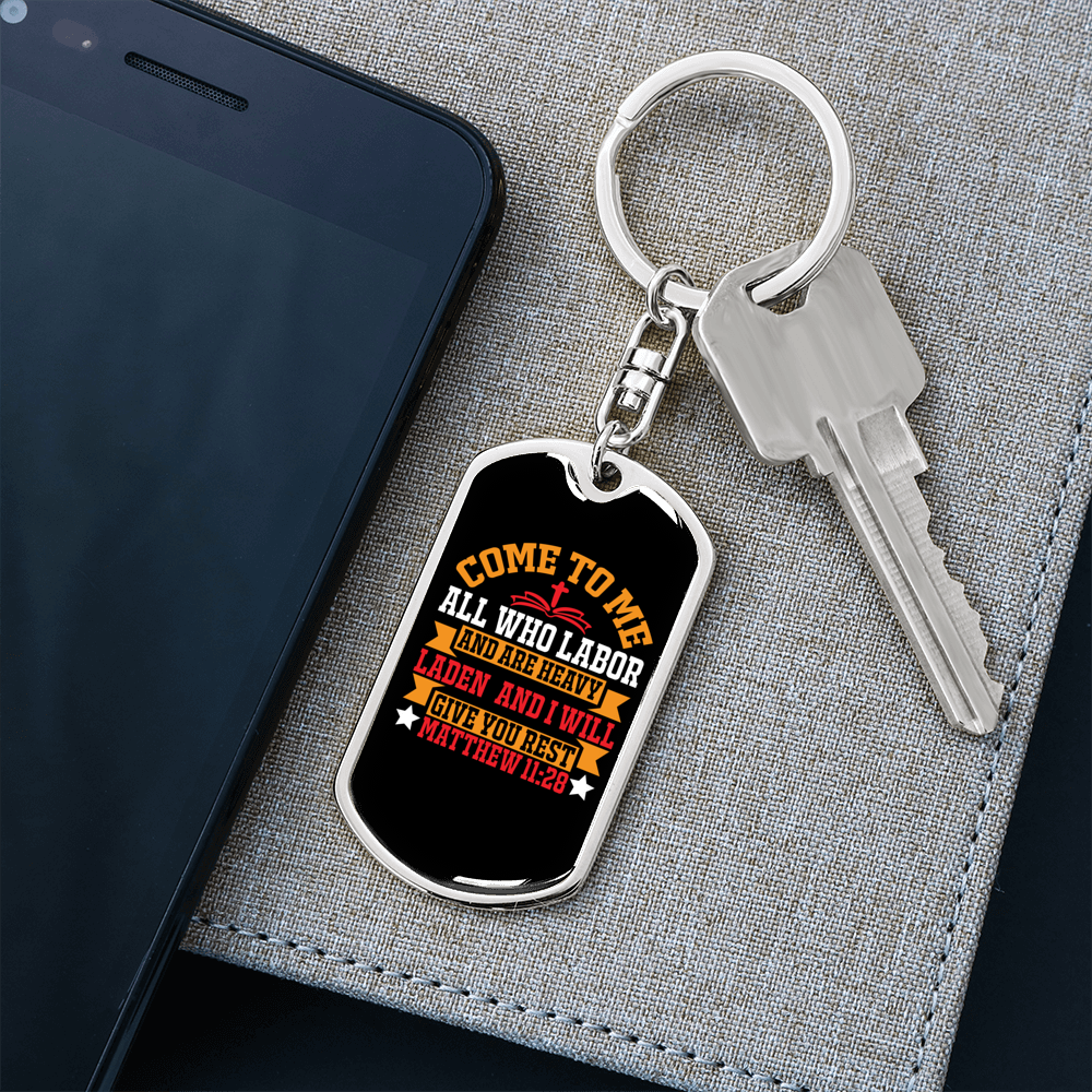 I Will Give You Rest Matthew 11:28 Keychain Stainless Steel or 18k Gold Dog Tag Keyring-Express Your Love Gifts