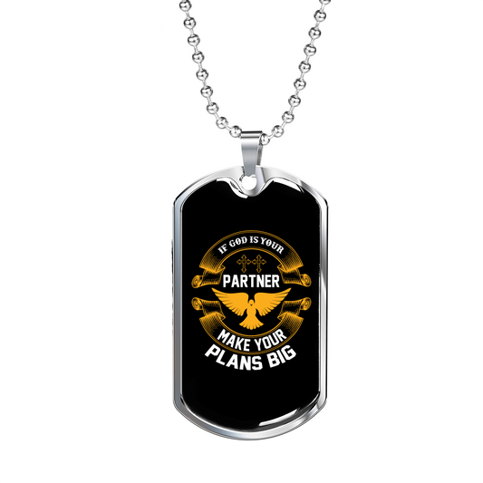 If God Is Your Partner Christian Necklace Stainless Steel or 18k Gold Dog Tag 24" Chain-Express Your Love Gifts