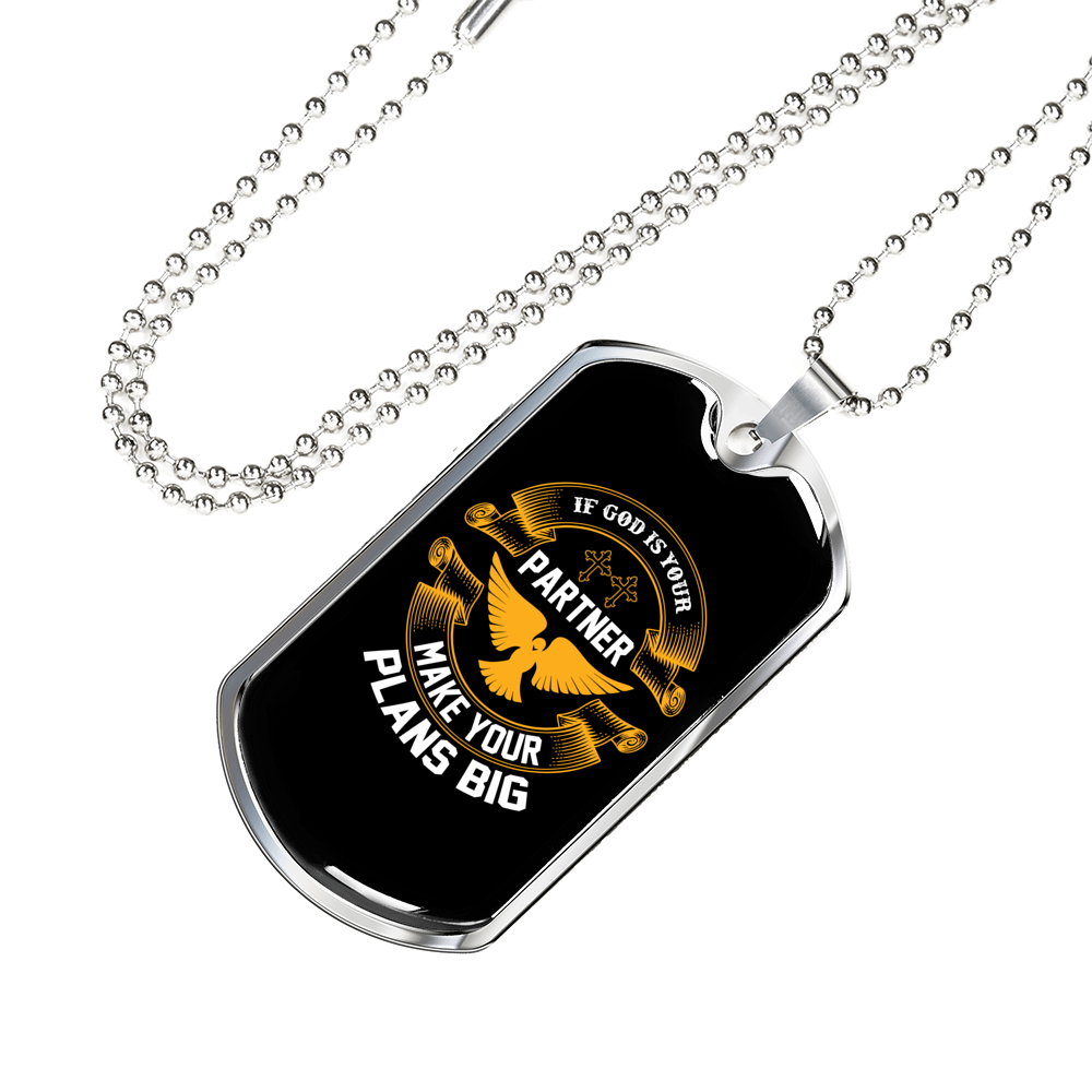 If God Is Your Partner Christian Necklace Stainless Steel or 18k Gold Dog Tag 24" Chain-Express Your Love Gifts