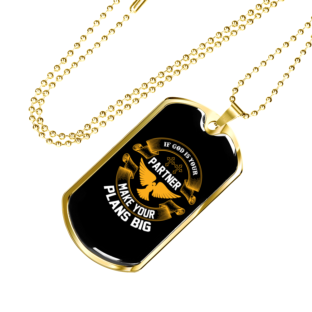 If God Is Your Partner Christian Necklace Stainless Steel or 18k Gold Dog Tag 24" Chain-Express Your Love Gifts
