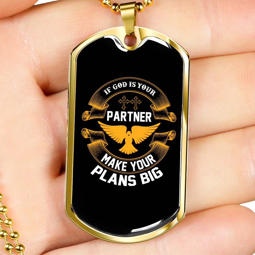 If God Is Your Partner Christian Necklace Stainless Steel or 18k Gold Dog Tag 24" Chain-Express Your Love Gifts