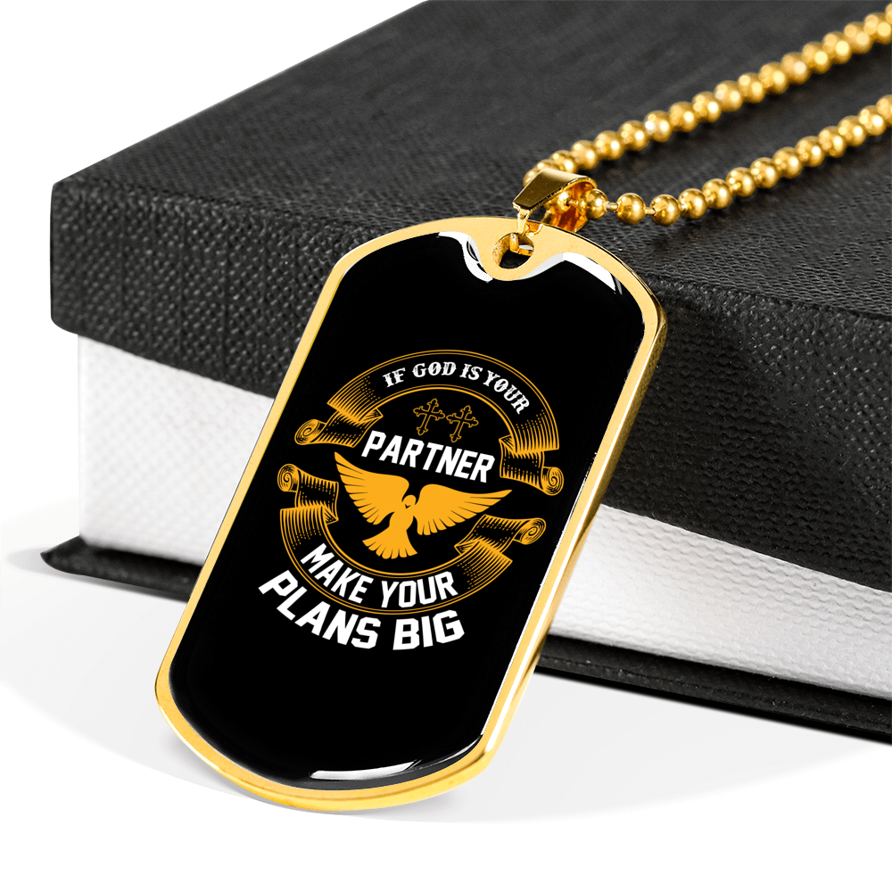 If God Is Your Partner Christian Necklace Stainless Steel or 18k Gold Dog Tag 24" Chain-Express Your Love Gifts