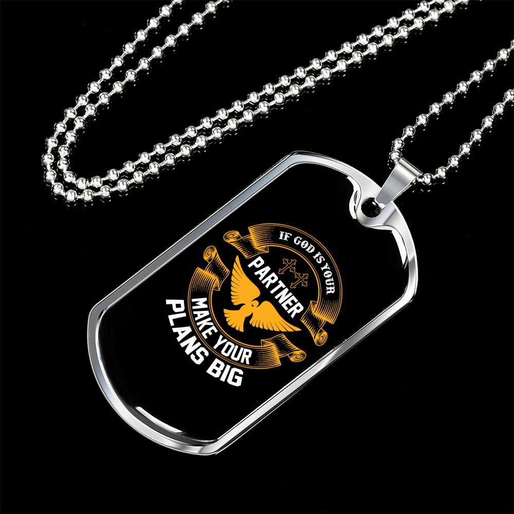 If God Is Your Partner Christian Necklace Stainless Steel or 18k Gold Dog Tag 24" Chain-Express Your Love Gifts