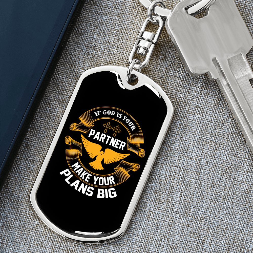 If God Is Your Partner Keychain Stainless Steel or 18k Gold Dog Tag Keyring-Express Your Love Gifts