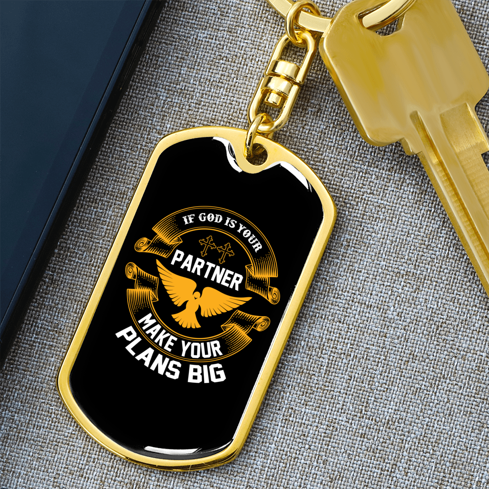 If God Is Your Partner Keychain Stainless Steel or 18k Gold Dog Tag Keyring-Express Your Love Gifts