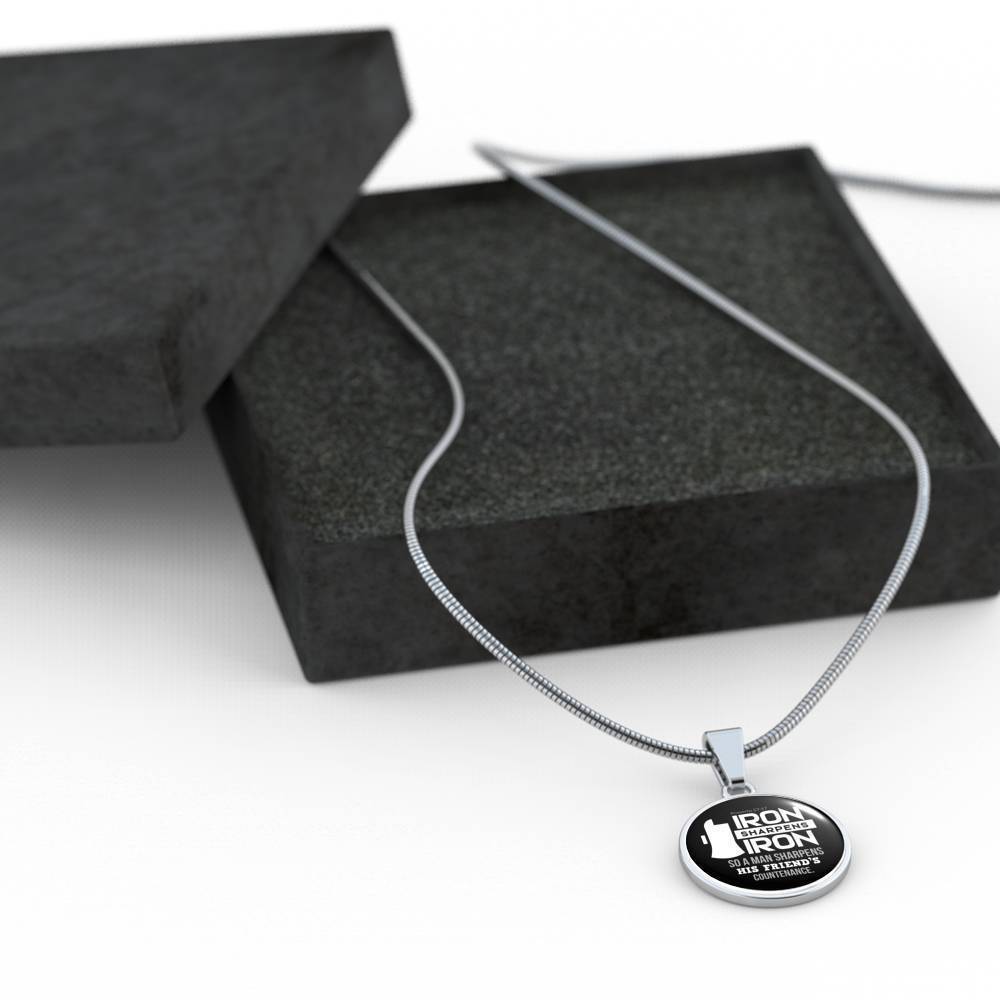Iron Sharpens Iron Proverbs 27:17 Circle Pendant Stainless Steel or 18k Gold 18-22"
