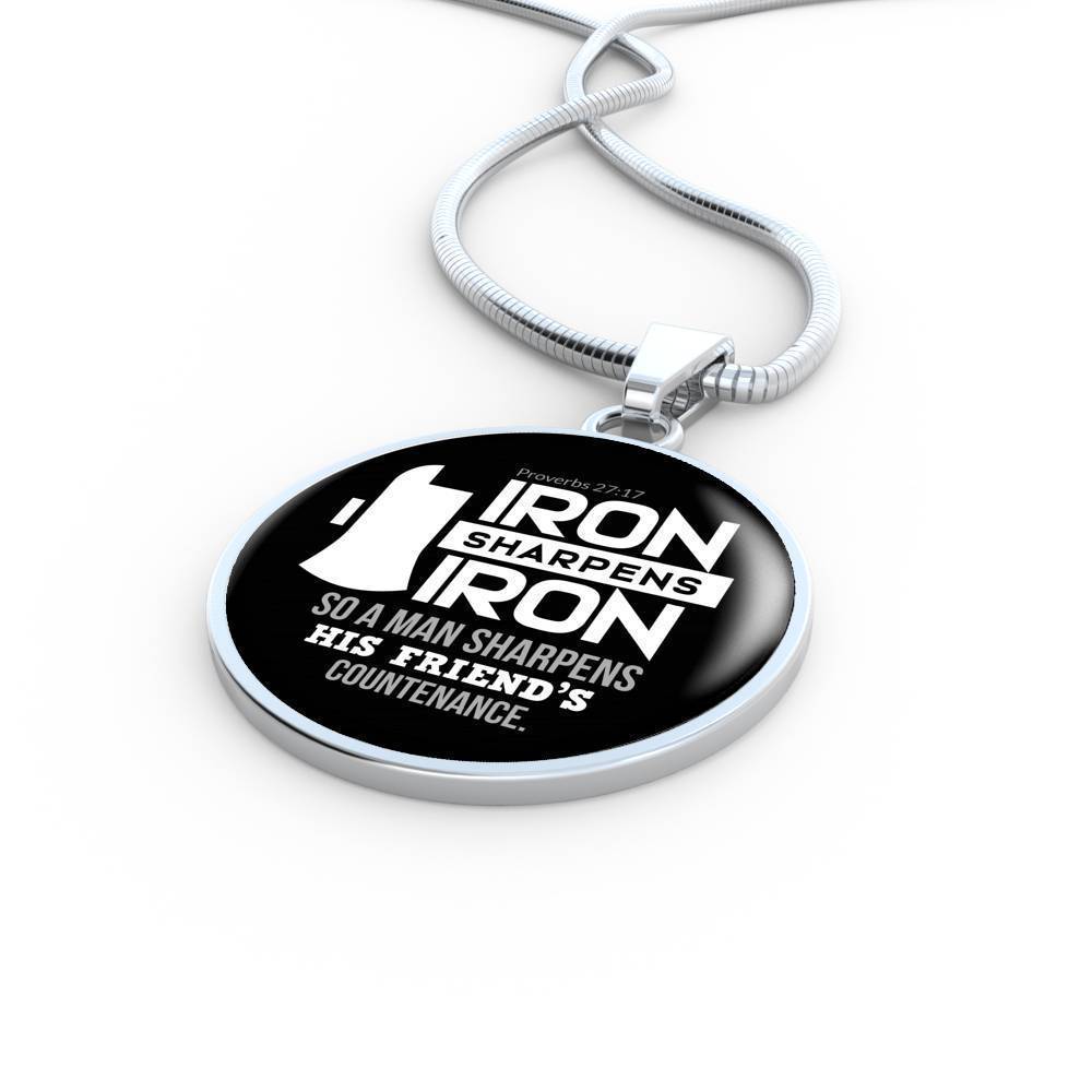 Iron Sharpens Iron Proverbs 27:17 Circle Pendant Stainless Steel or 18k Gold 18-22"