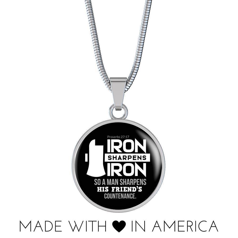 Iron Sharpens Iron Proverbs 27:17 Circle Pendant Stainless Steel or 18k Gold 18-22"-Express Your Love Gifts