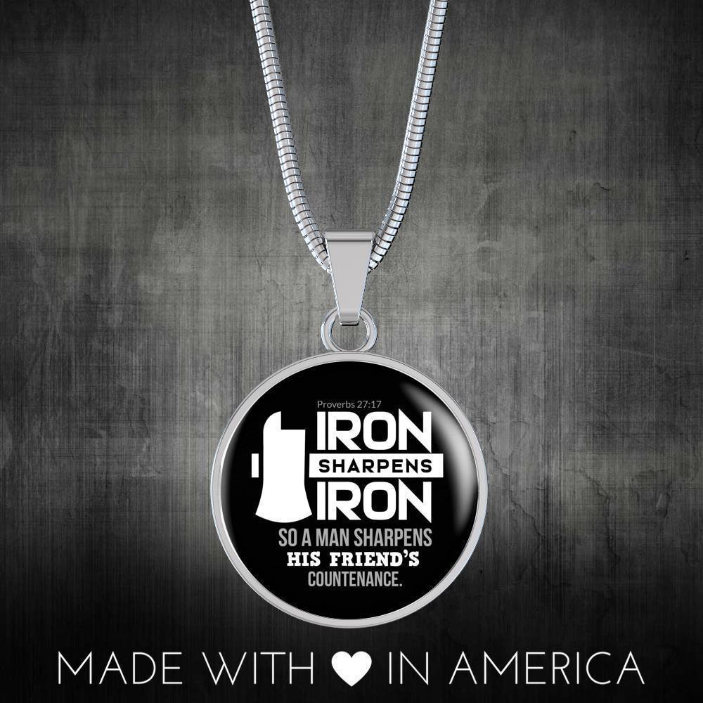 Iron Sharpens Iron Proverbs 27:17 Circle Pendant Stainless Steel or 18k Gold 18-22"