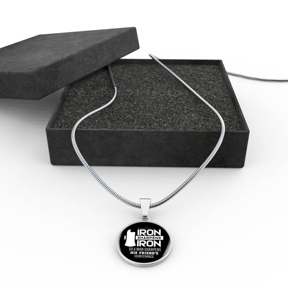 Iron Sharpens Iron Proverbs 27:17 Circle Pendant Stainless Steel or 18k Gold 18-22"-Express Your Love Gifts