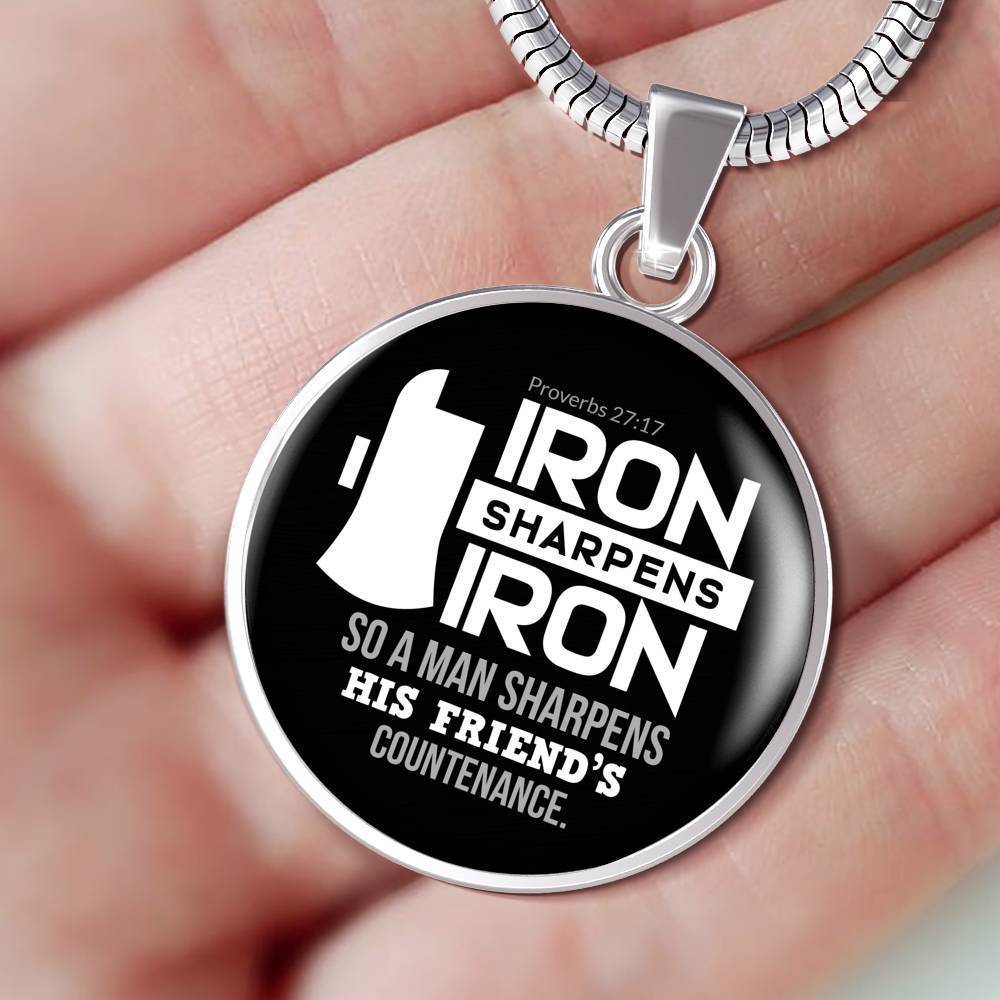 Iron Sharpens Iron Proverbs 27:17 Circle Pendant Stainless Steel or 18k Gold 18-22"