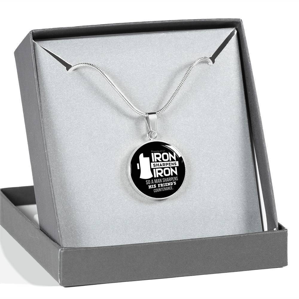 Iron Sharpens Iron Proverbs 27:17 Circle Pendant Stainless Steel or 18k Gold 18-22"-Express Your Love Gifts