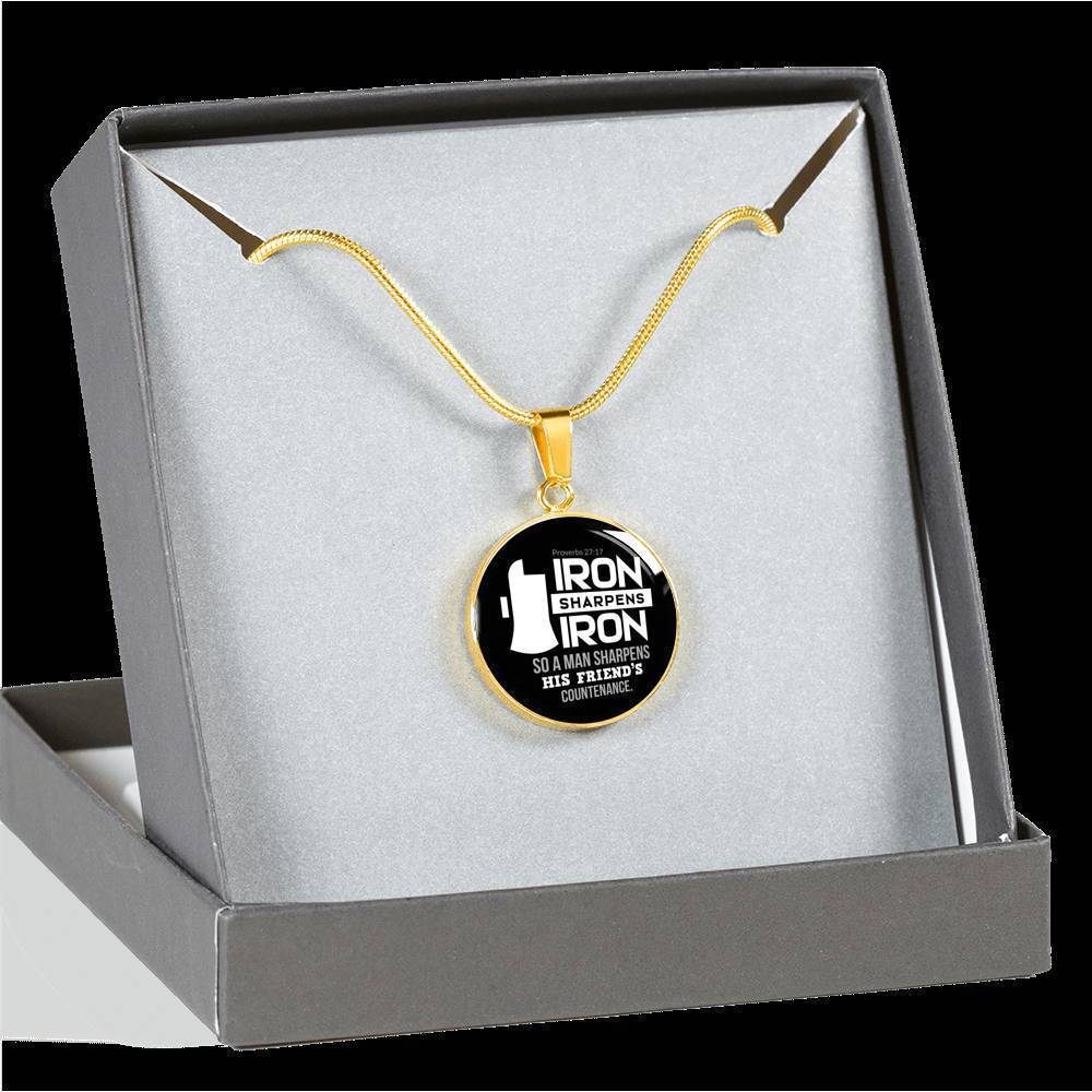 Iron Sharpens Iron Proverbs 27:17 Circle Pendant Stainless Steel or 18k Gold 18-22"
