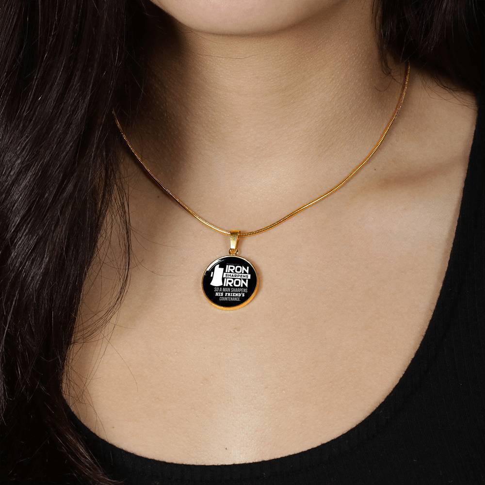 Iron Sharpens Iron Proverbs 27:17 Circle Pendant Stainless Steel or 18k Gold 18-22"-Express Your Love Gifts
