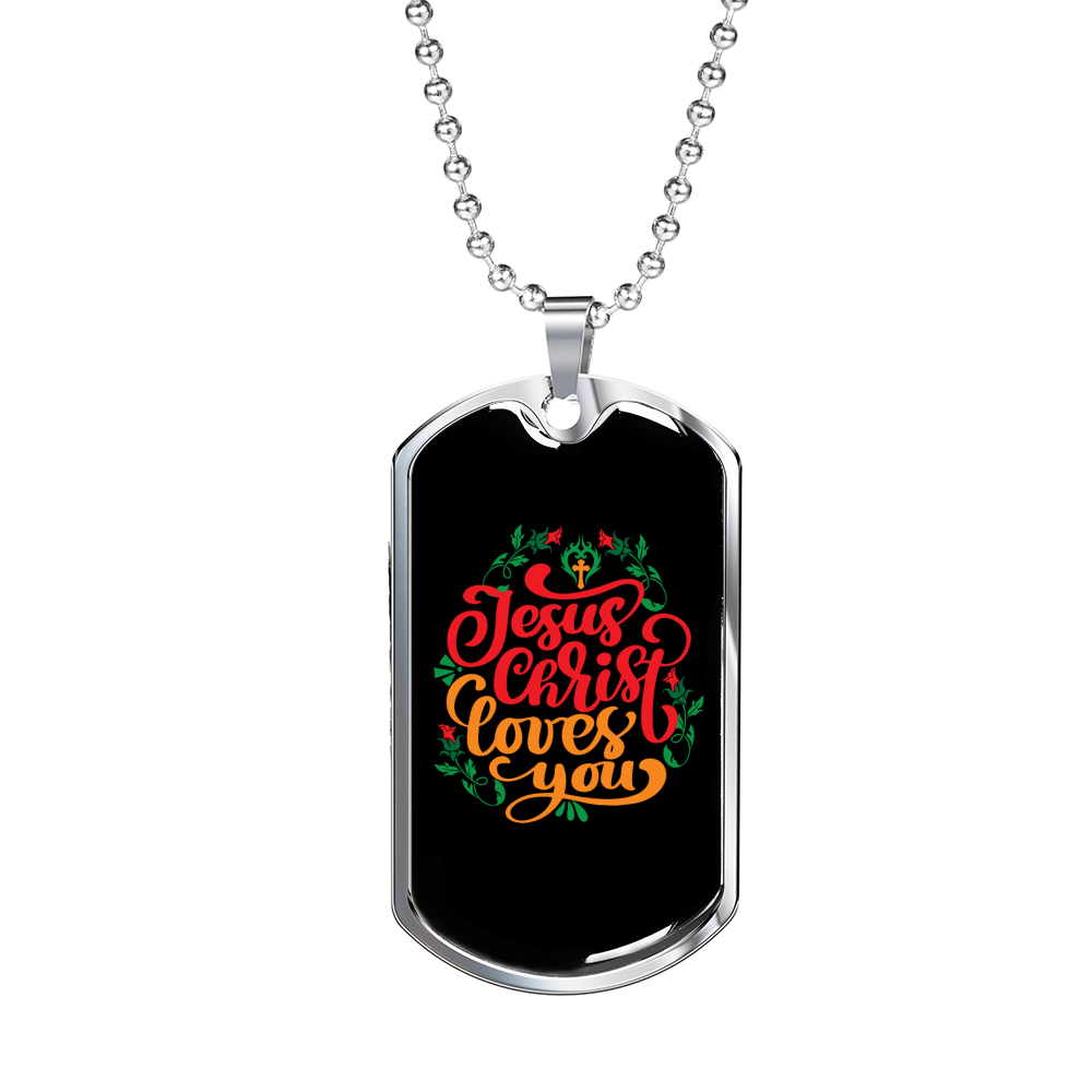 Jesus Christ Loves You Christian Necklace Stainless Steel or 18k Gold Dog Tag 24" Chain-Express Your Love Gifts