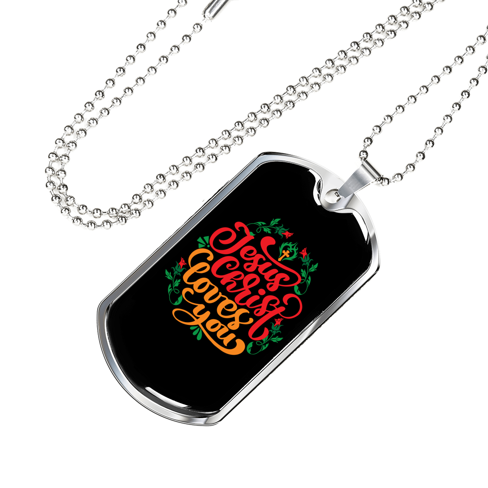 Jesus Christ Loves You Christian Necklace Stainless Steel or 18k Gold Dog Tag 24" Chain-Express Your Love Gifts