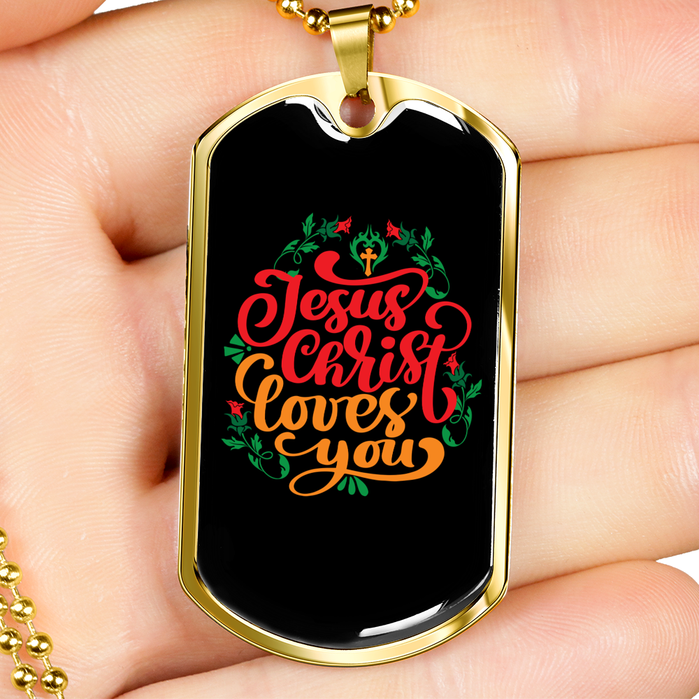 Jesus Christ Loves You Christian Necklace Stainless Steel or 18k Gold Dog Tag 24" Chain-Express Your Love Gifts