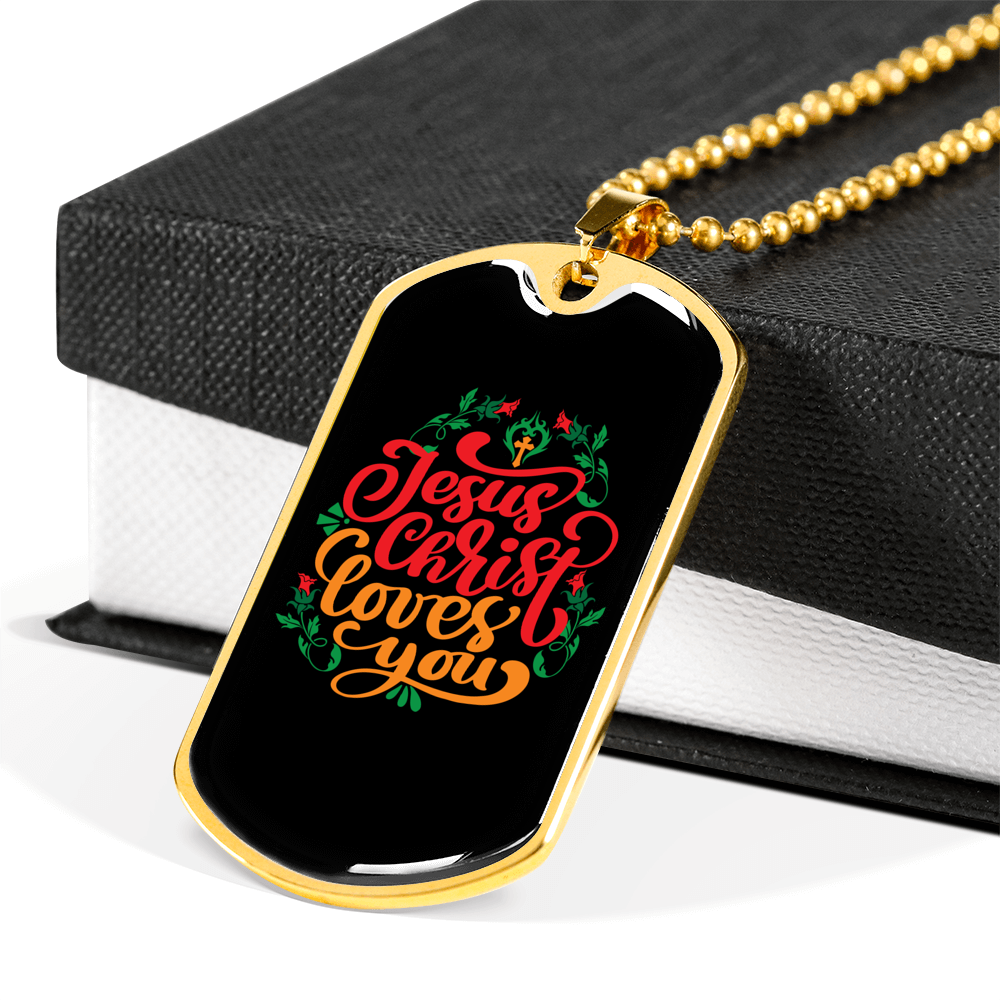 Jesus Christ Loves You Christian Necklace Stainless Steel or 18k Gold Dog Tag 24" Chain-Express Your Love Gifts
