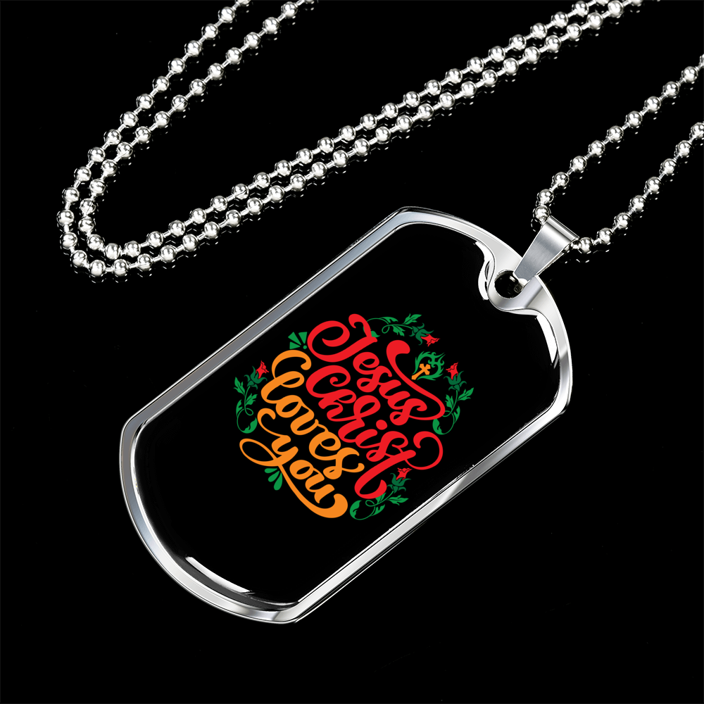 Jesus Christ Loves You Christian Necklace Stainless Steel or 18k Gold Dog Tag 24" Chain-Express Your Love Gifts