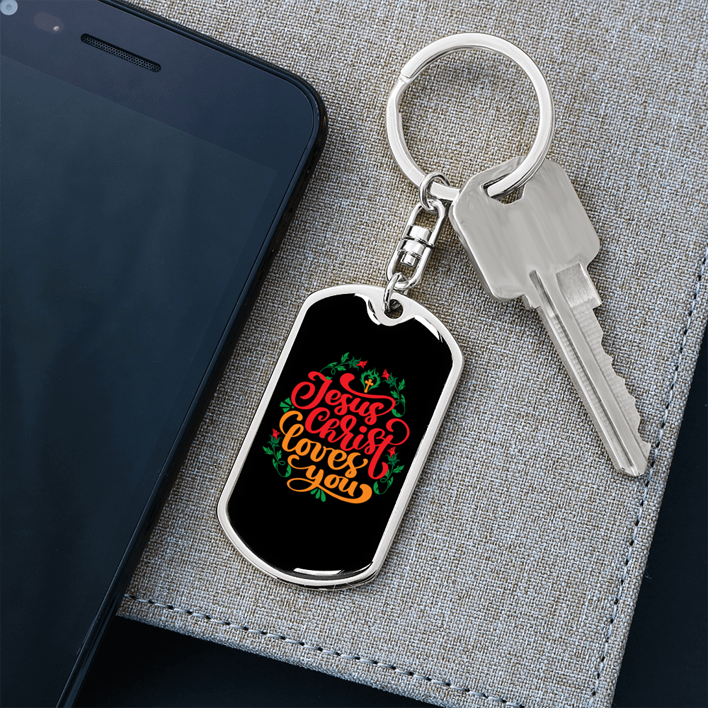 Jesus Christ Loves You Keychain Stainless Steel or 18k Gold Dog Tag Keyring-Express Your Love Gifts