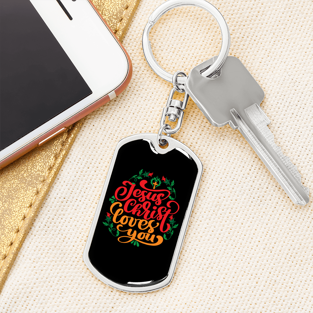 Jesus Christ Loves You Keychain Stainless Steel or 18k Gold Dog Tag Keyring-Express Your Love Gifts