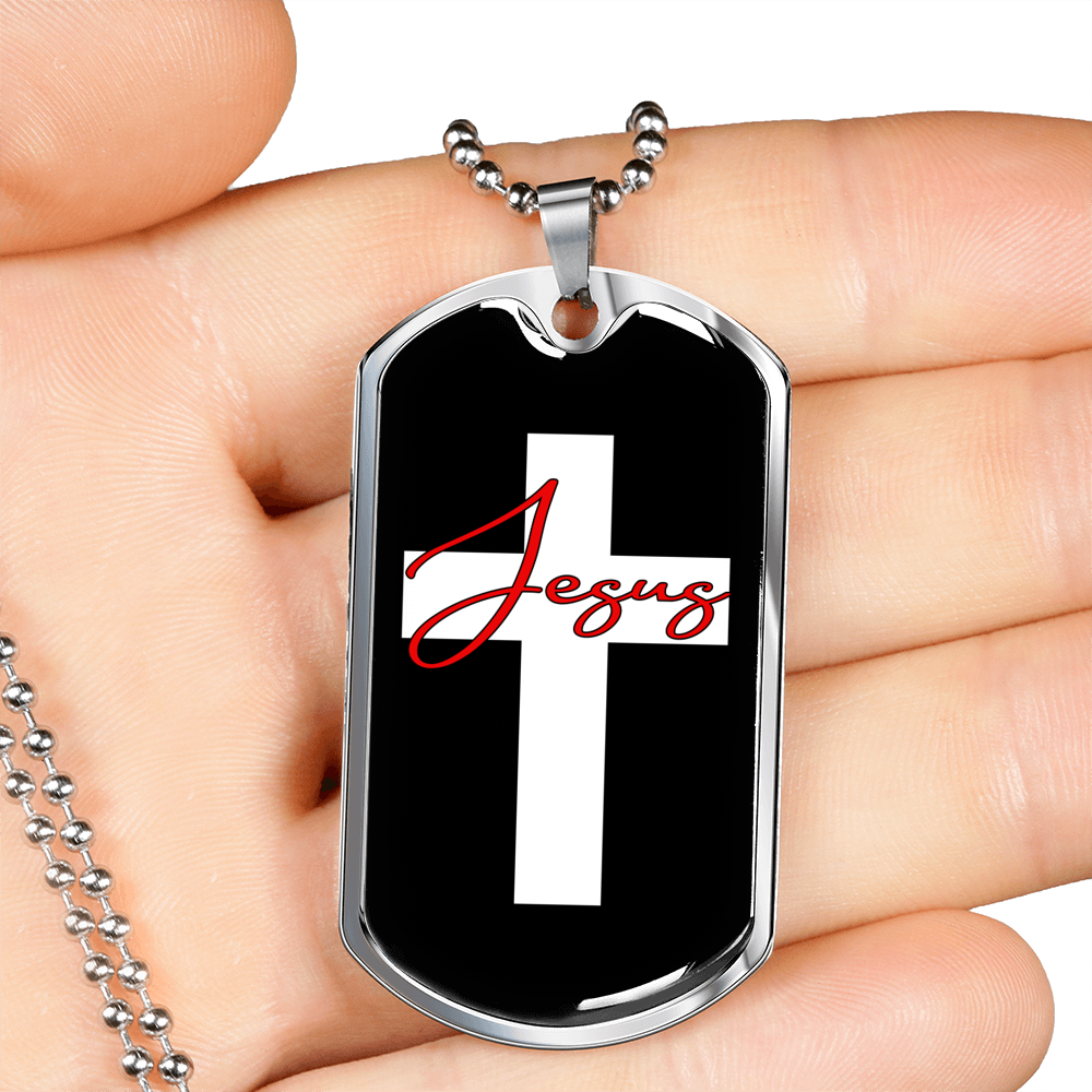 Jesus Cross Christian Necklace Stainless Steel or 18k Gold Dog Tag 24" Chain-Express Your Love Gifts