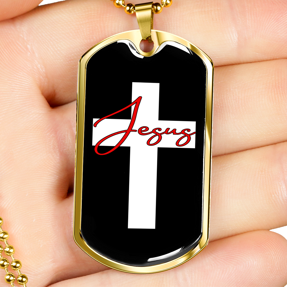 Jesus Cross Christian Necklace Stainless Steel or 18k Gold Dog Tag 24" Chain-Express Your Love Gifts
