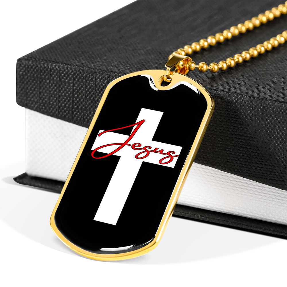 Jesus Cross Christian Necklace Stainless Steel or 18k Gold Dog Tag 24" Chain-Express Your Love Gifts