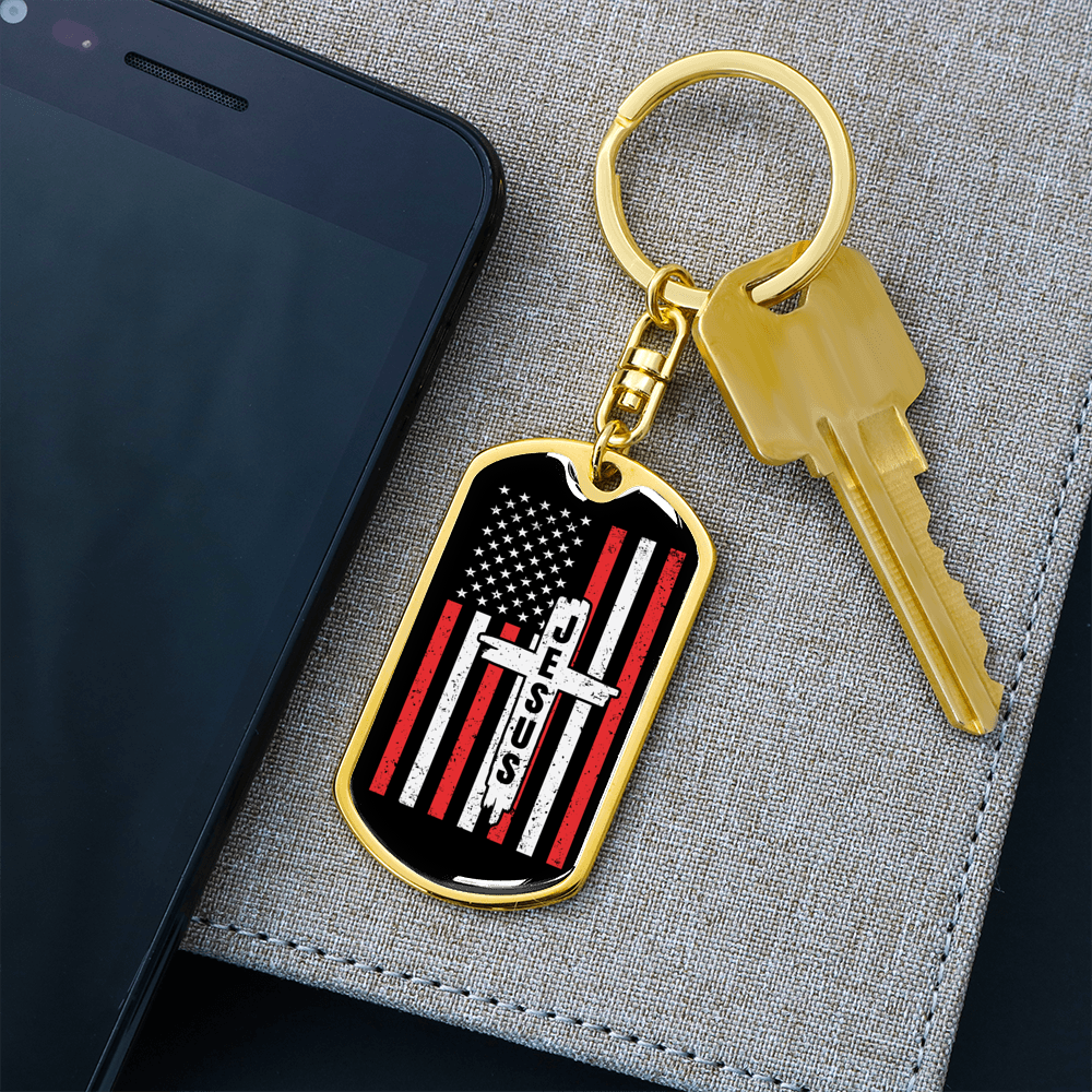 Jesus Cross Keychain Stainless Steel or 18k Gold Dog Tag Keyring-Express Your Love Gifts