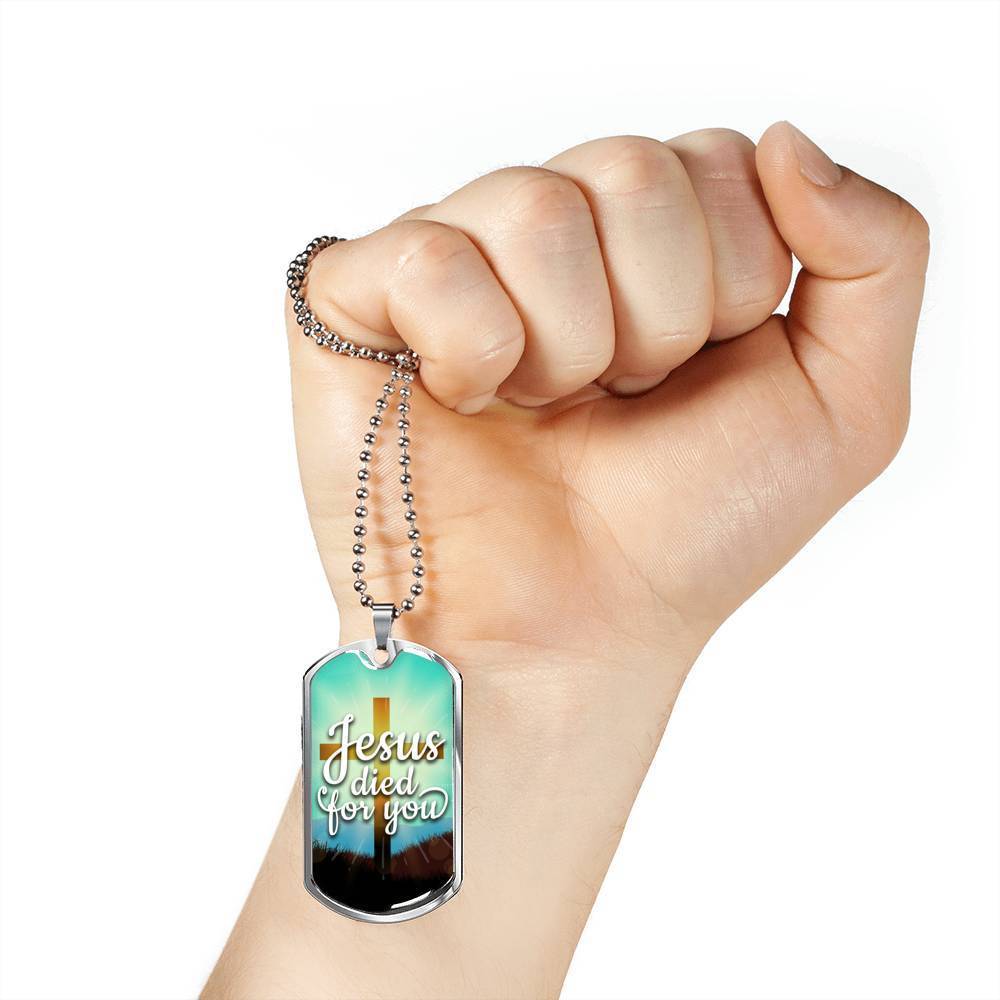 Jesus Died For You Bible Verse Gift Necklace Stainless Steel or 18k Gold Dog Tag 24" Chain-Express Your Love Gifts