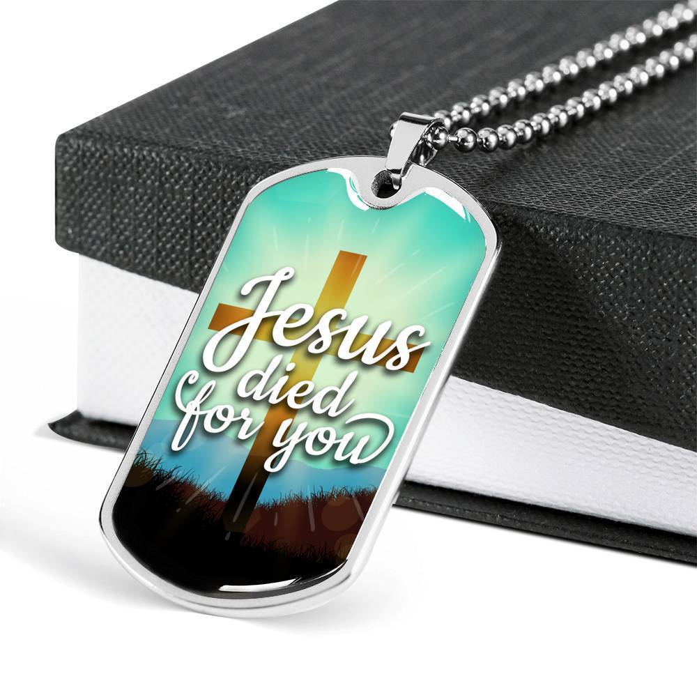 Jesus Died For You Bible Verse Gift Necklace Stainless Steel or 18k Gold Dog Tag 24" Chain-Express Your Love Gifts