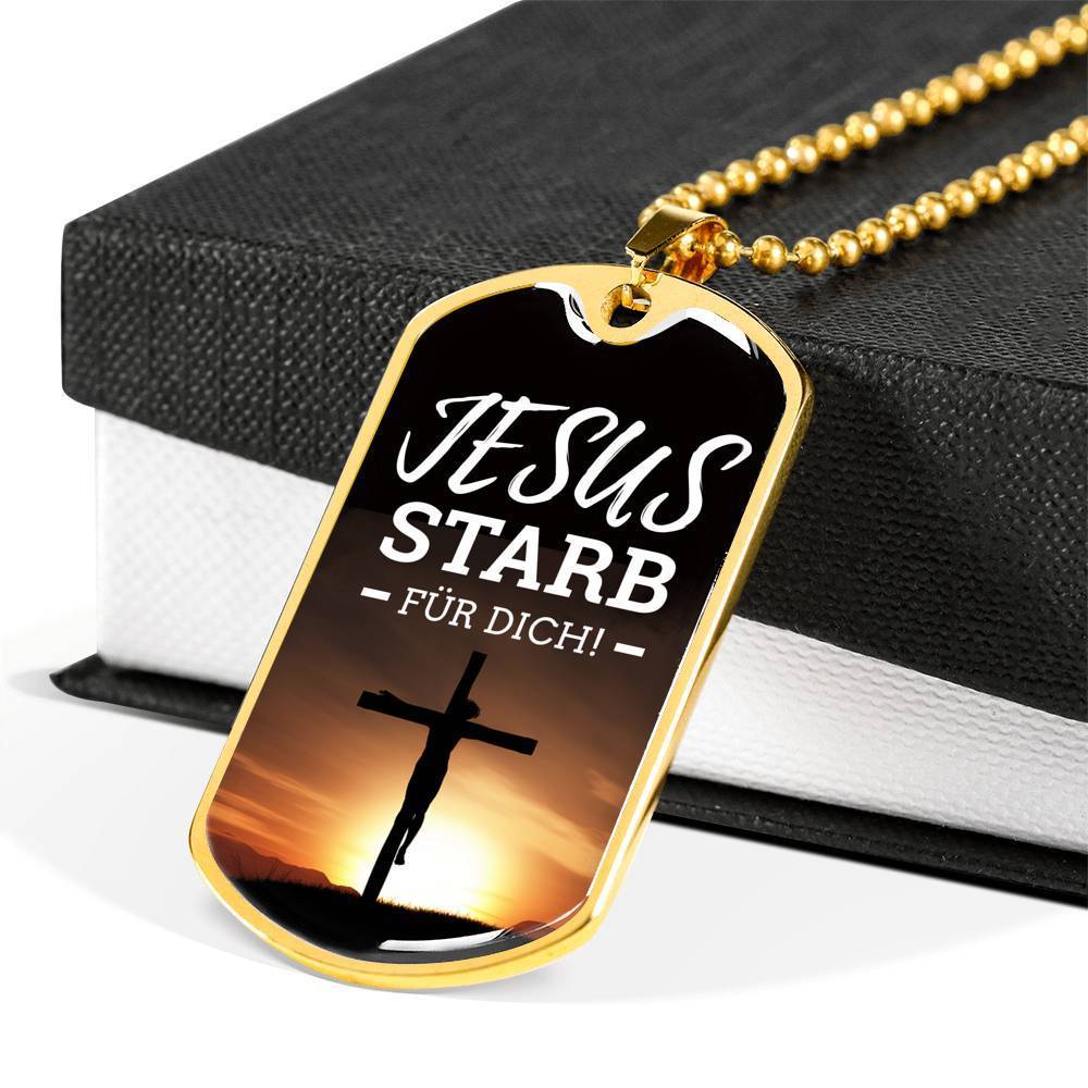 Jesus Died For You In German Necklace Stainless Steel or 18k Gold Fisnish Dog Tag 24" Chain-Express Your Love Gifts