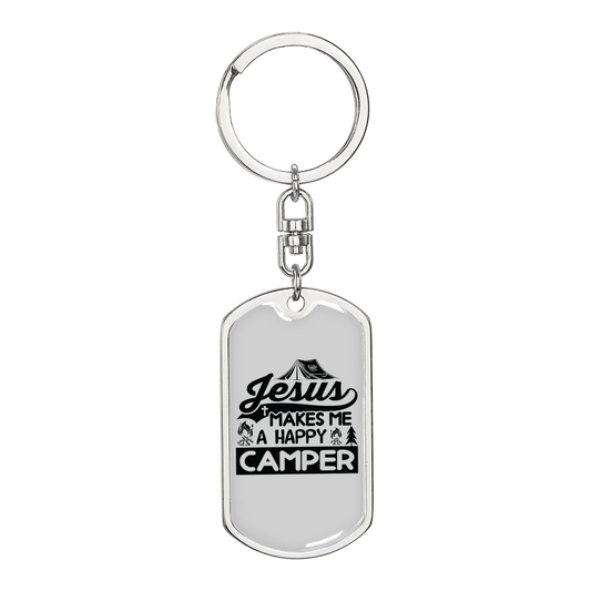 Jesus Happy Camper Keychain Stainless Steel or 18k Gold Dog Tag Keyring-Express Your Love Gifts